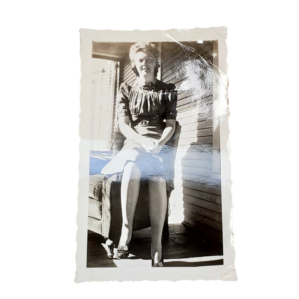 Vtg Lady Posing on Porch Original Monochrome Photography Found Snapshot